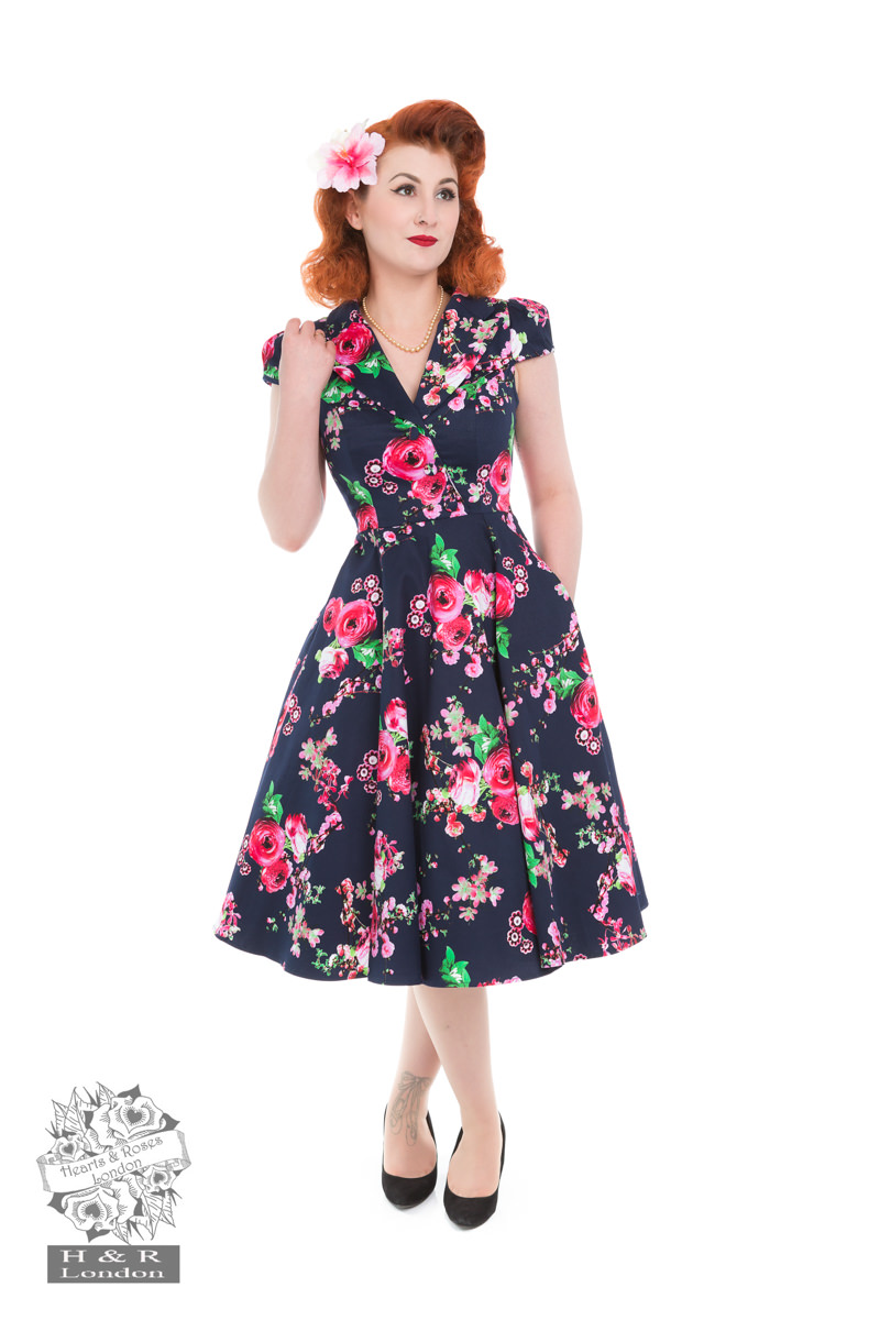 Navy and pink floral tea dress Clearance
