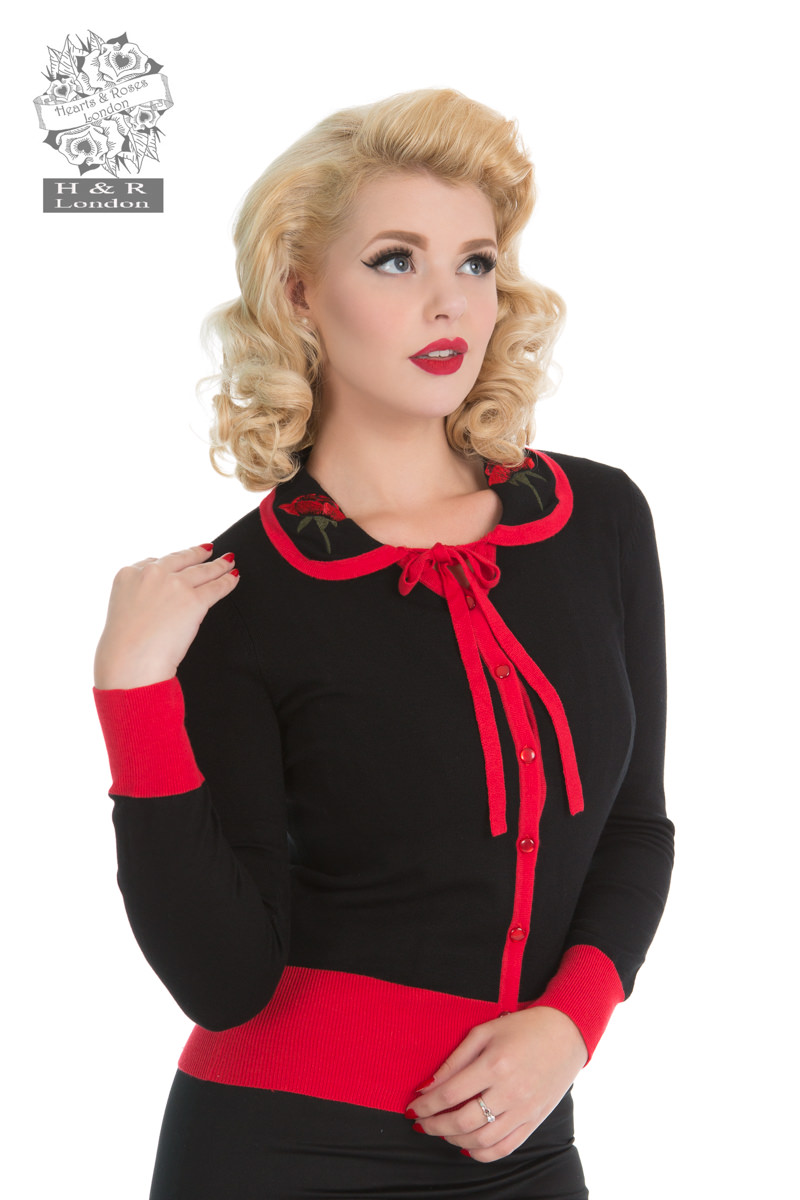 Rose Cardigan In Black Red - Hearts & Roses London