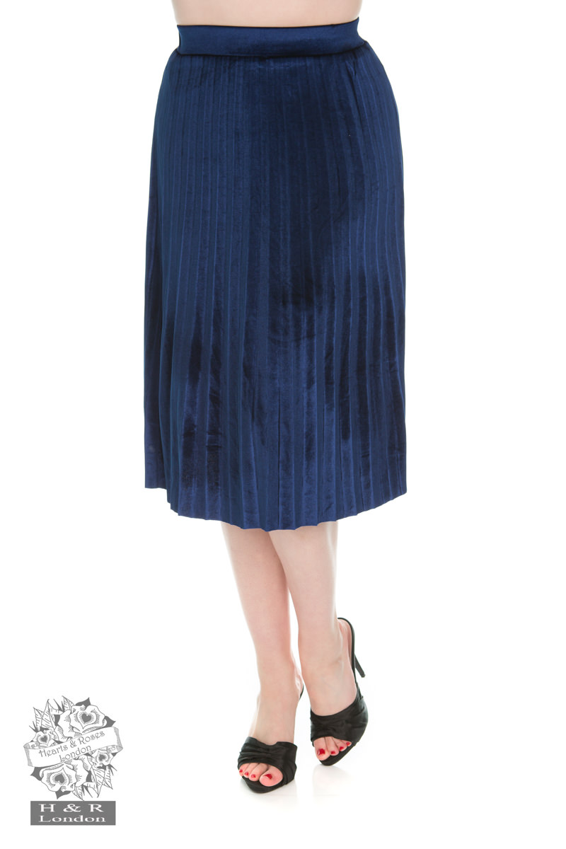 Navy Blue Pleated Velvet Skirt