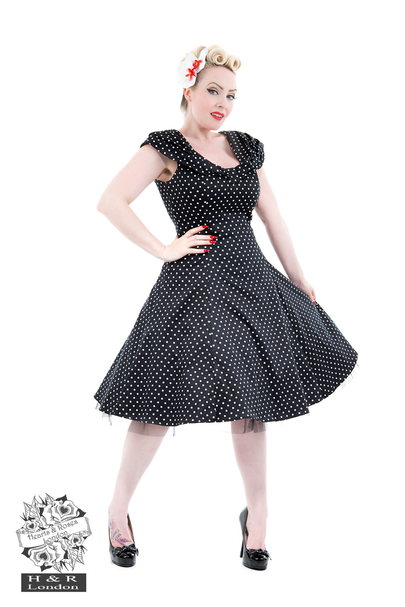Black White Small Polka Dot Off Shoulder Dress in Black/White - Hearts ...