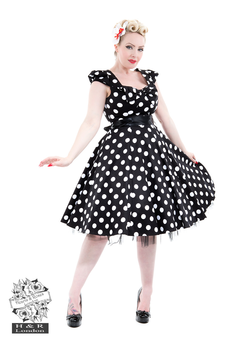 50's Vintage Big Polka Dot Tea Dress in Black/White Hearts