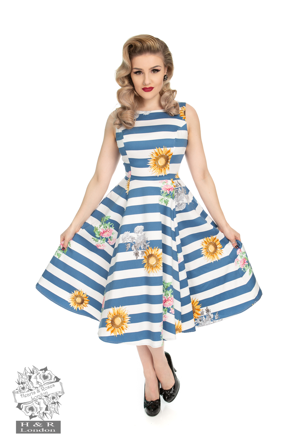 Blue Striped Sunflower Dress in Multicolor Hearts & Roses London