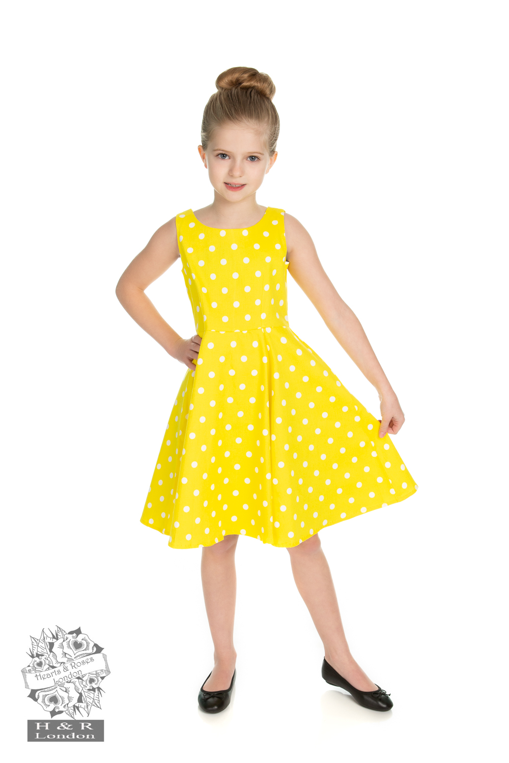 Girls Cindy Polka Dot Swing Dress in Yellow in Yellow/White - Hearts ...