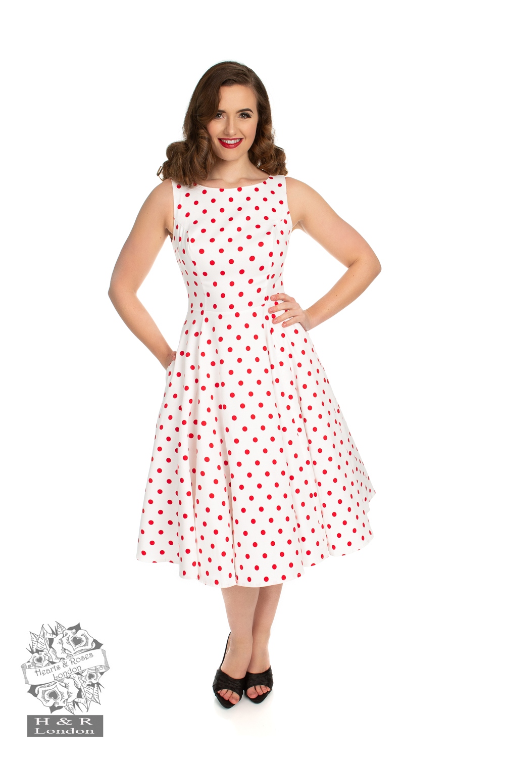 red and white polka dot swing dress