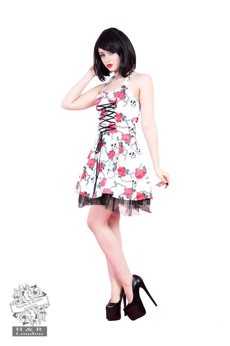 White Skull Pink Rose Dress in Black/Pink - Hearts & Roses London
