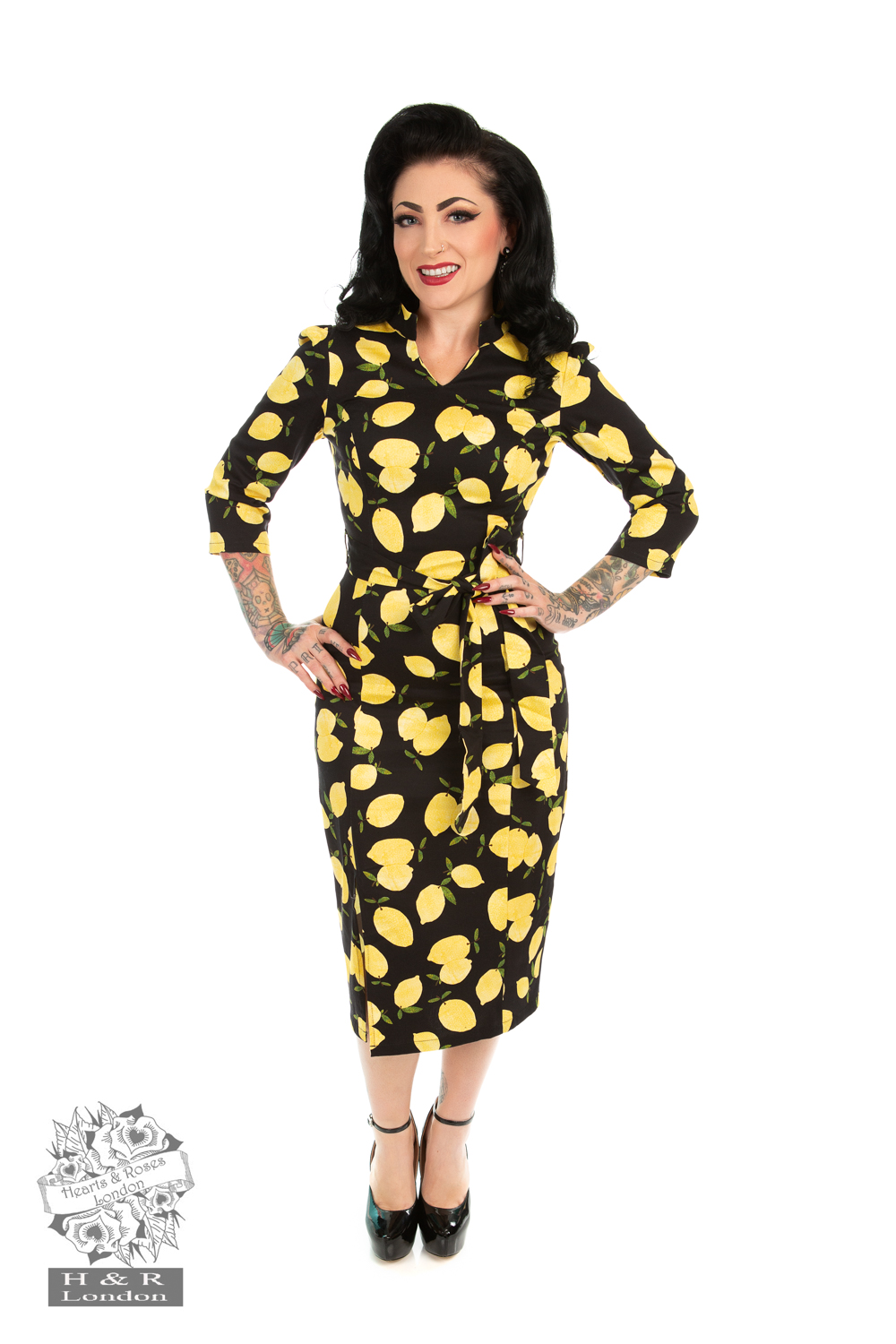mens leather dress shoes black Giulia Lemon Print Dress in Black – Halo & Hutch main image 0