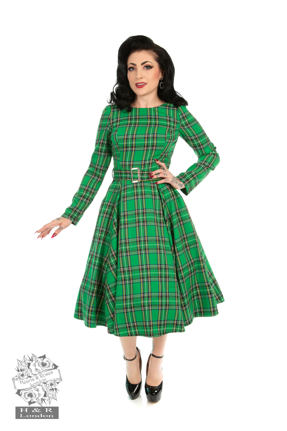 green emerald velvet dress Hellymoon Women Green Grid Plaid Vintage Dress A Line V Neck Swing Dress –  ZAPAKA NZ
