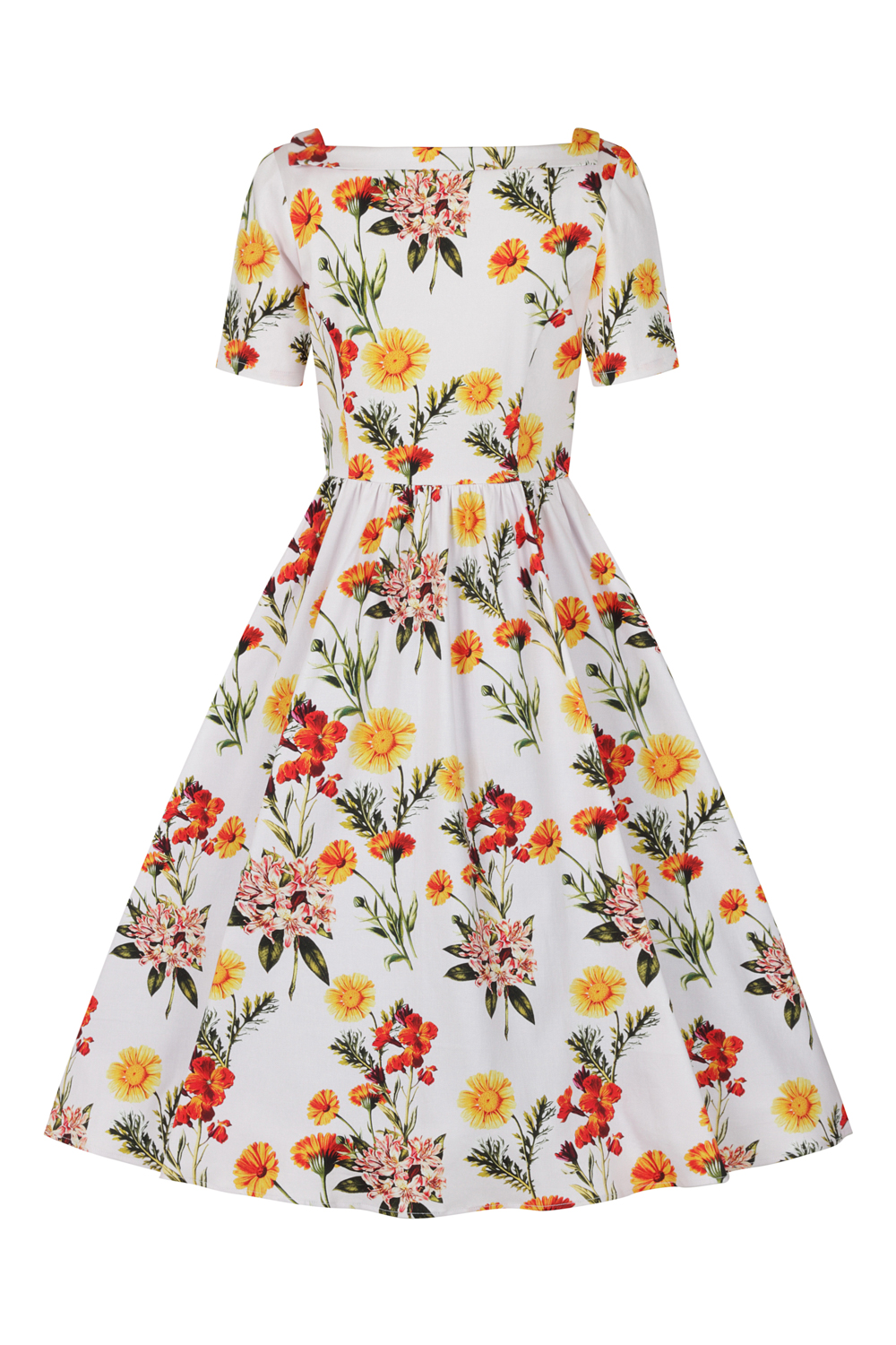 Sunflower Floral Swing Dress in white - Hearts & Roses London