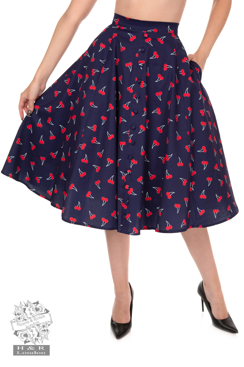 Sweet Cherry Swing Skirt in Purple Hearts Roses London