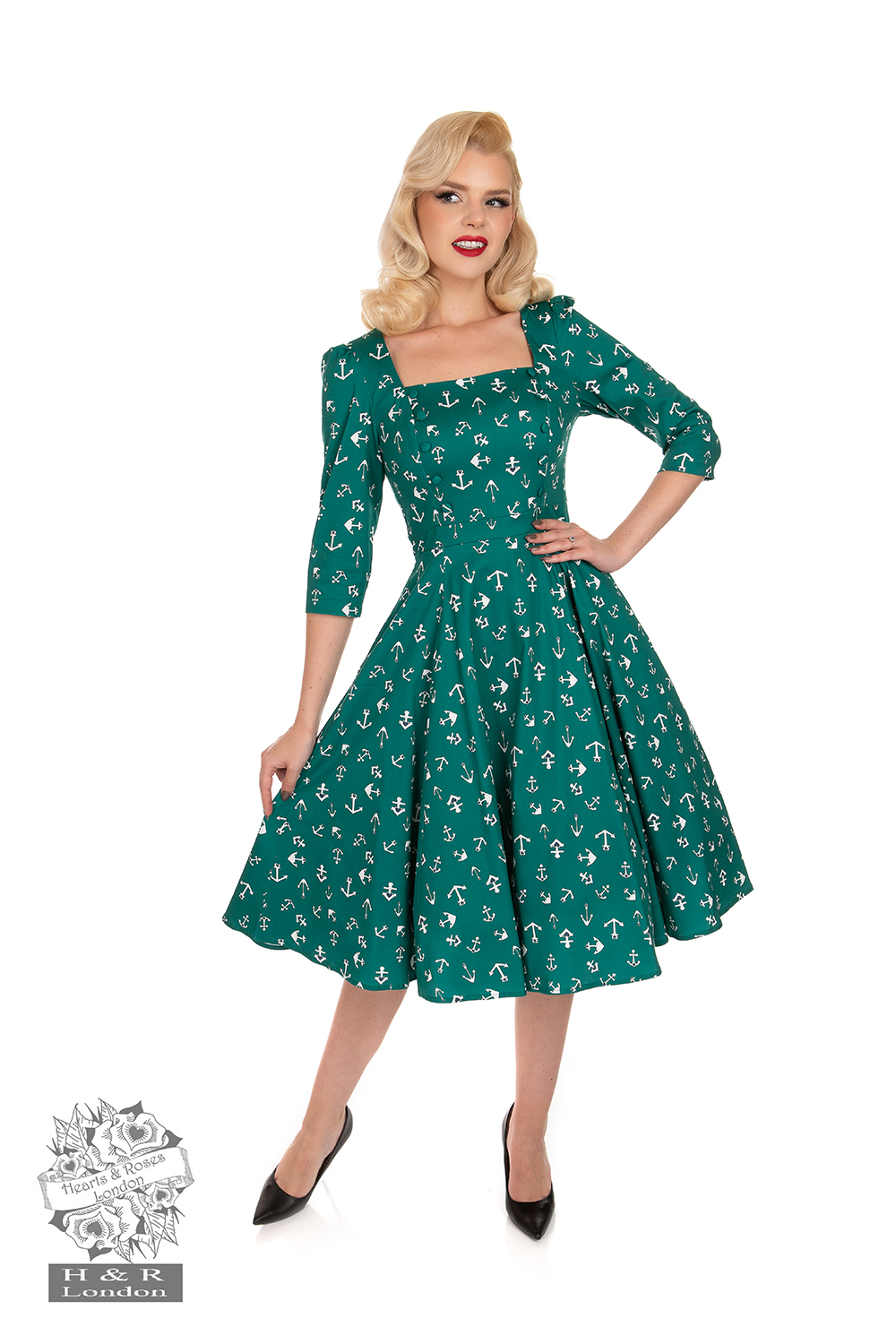 slim fit dress slacks Emerald Green Audrey 1950s Style Swing Dress – Pretty Kitty Fashion main image 1