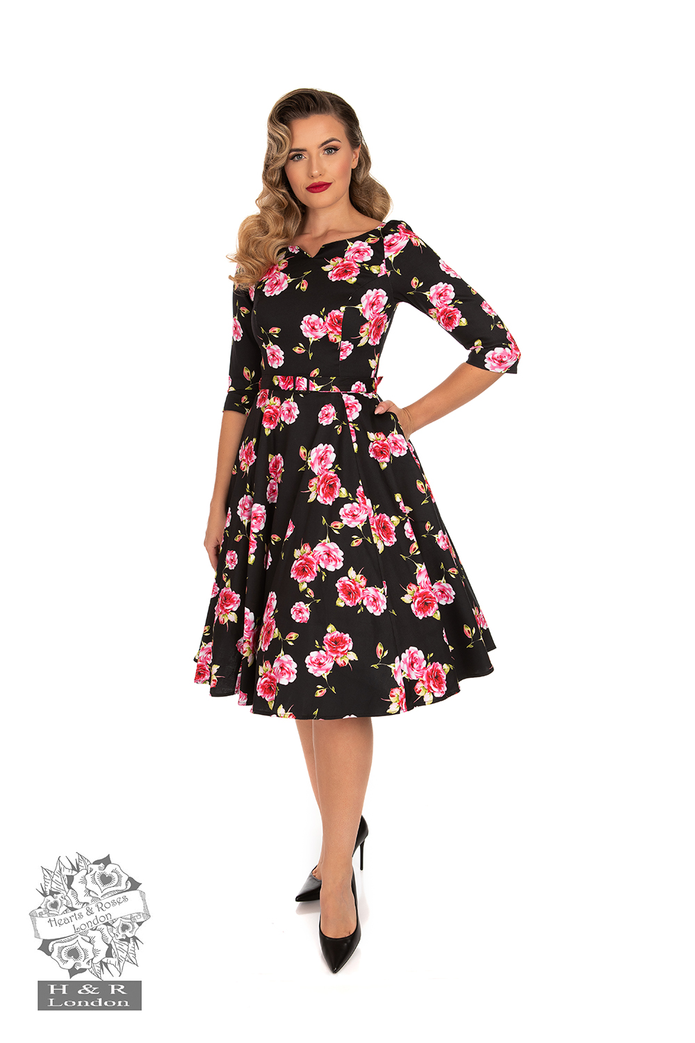 Ava Floral Swing Dress in Black/Pink - Hearts & Roses London