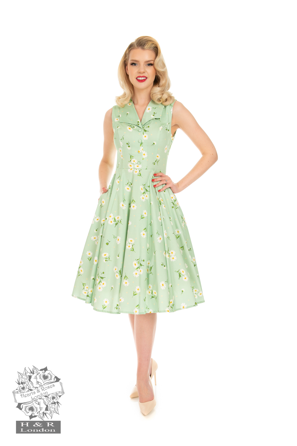 Cynthia Floral Swing Dress in White/Blue - Hearts & Roses London