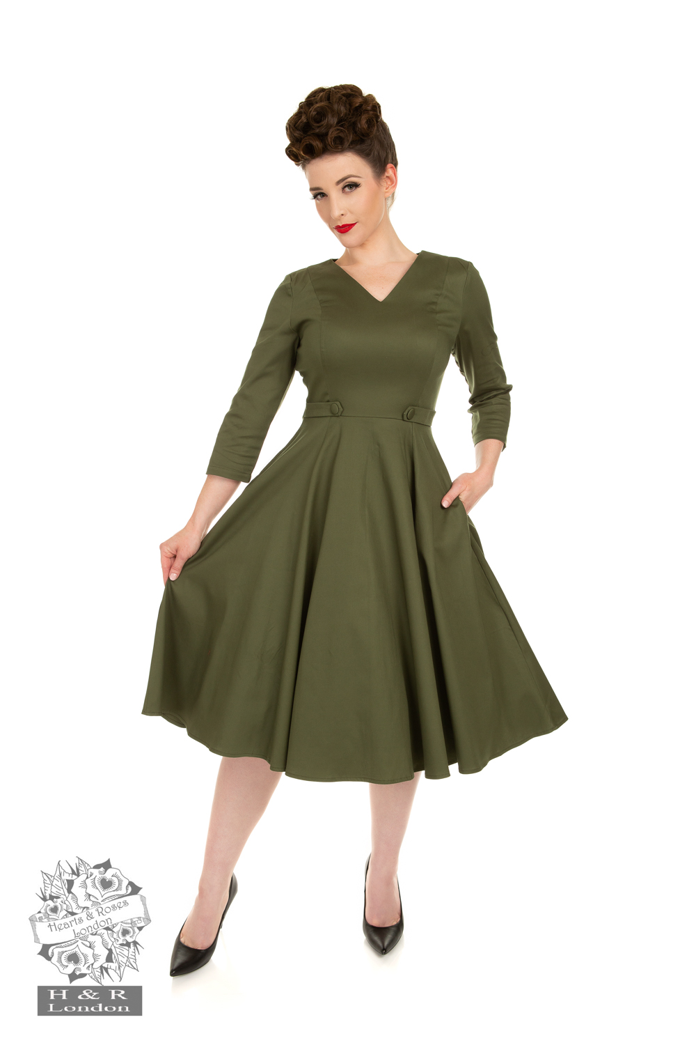 Angelina Khaki Green Swing Dress in Green - Hearts & Roses London Angelina Khaki Green Swing Dress in Green - Hearts & Roses London