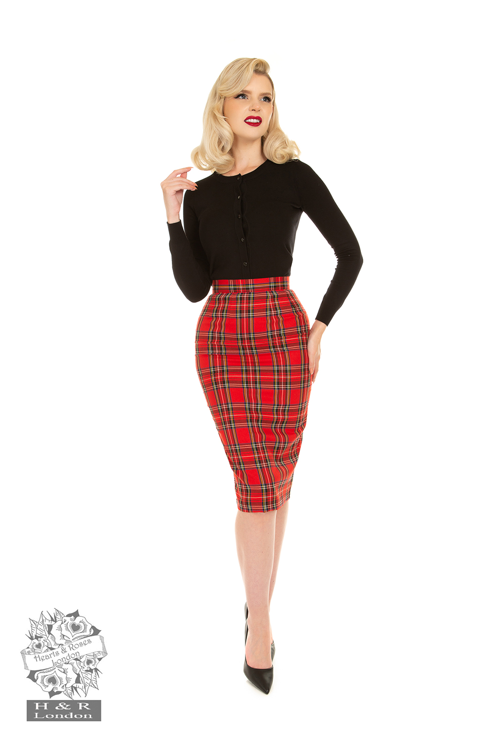 Evie Red Tartan Wiggle Skirt in Red Tartan Hearts Roses London