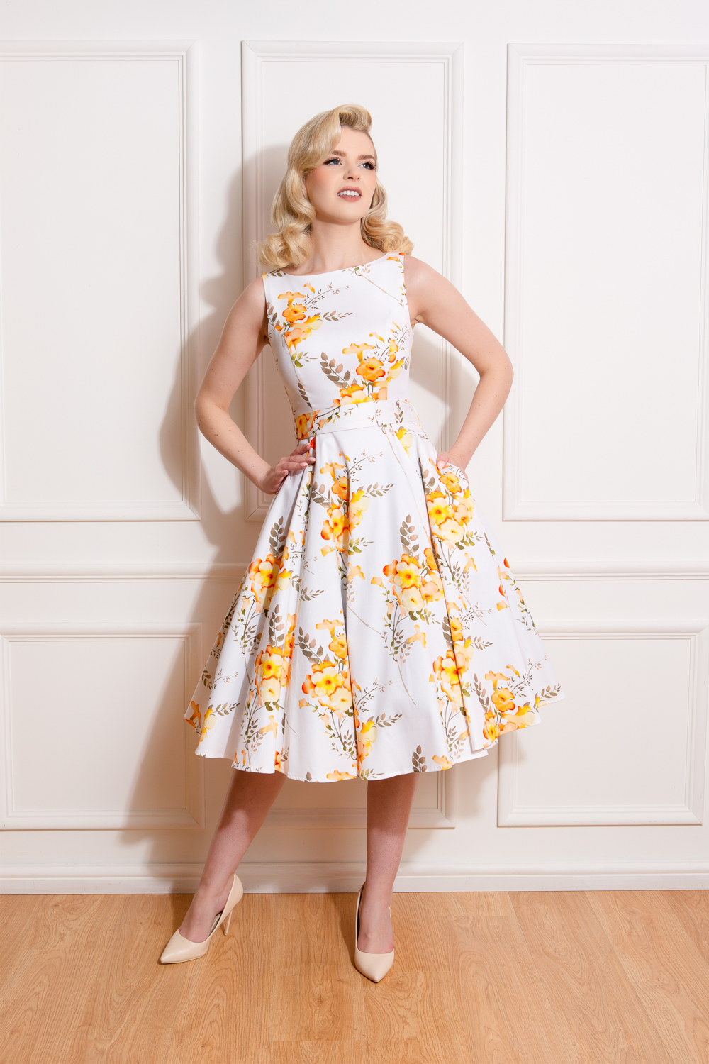 Brooke Floral Swing Dress in white - Hearts & Roses London