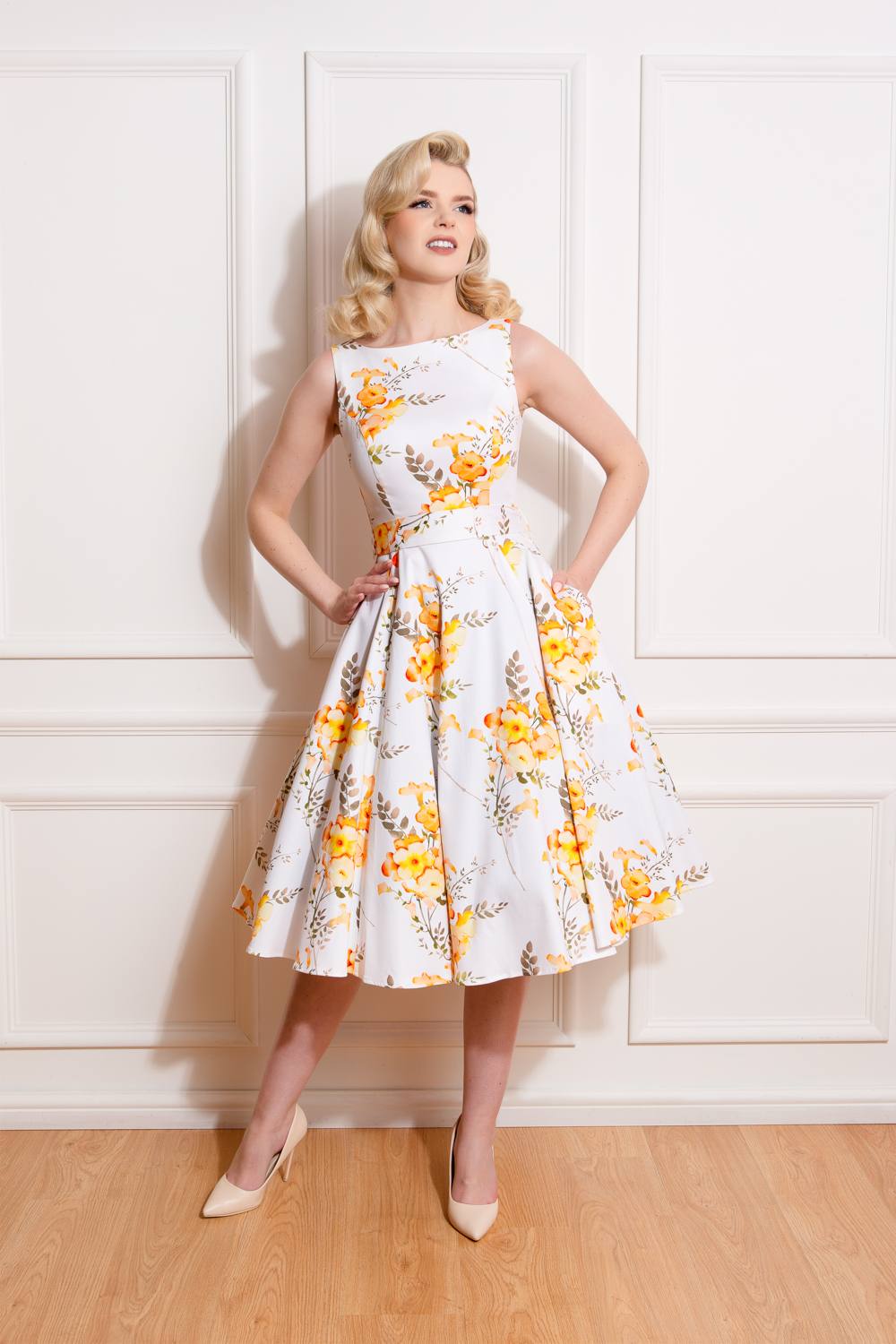 Brooke Floral Swing Dress in white - Hearts u0026 Roses London