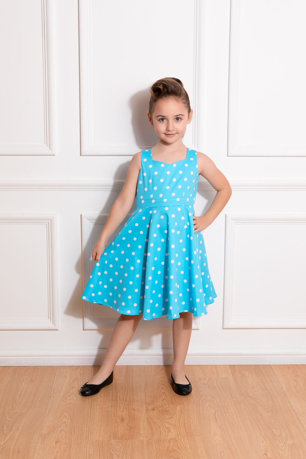 Ruth Polka Dot Swing Dress in Kids in Blue/White Hearts Roses