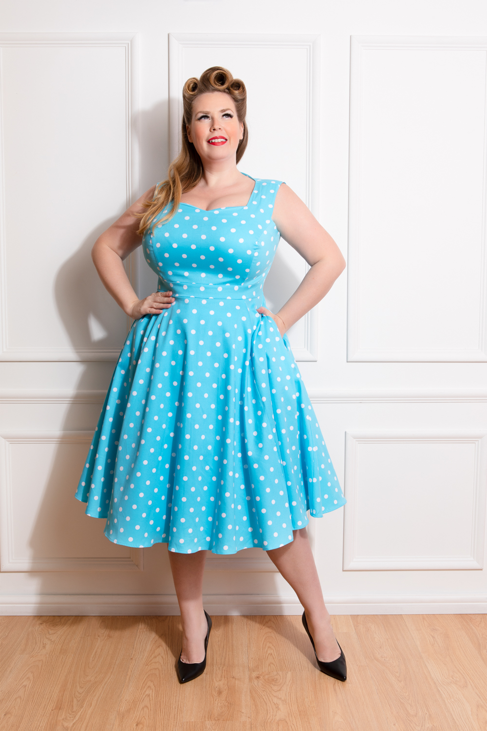 Ruth Dot Swing Plus Size in Blue/White - Hearts Roses London