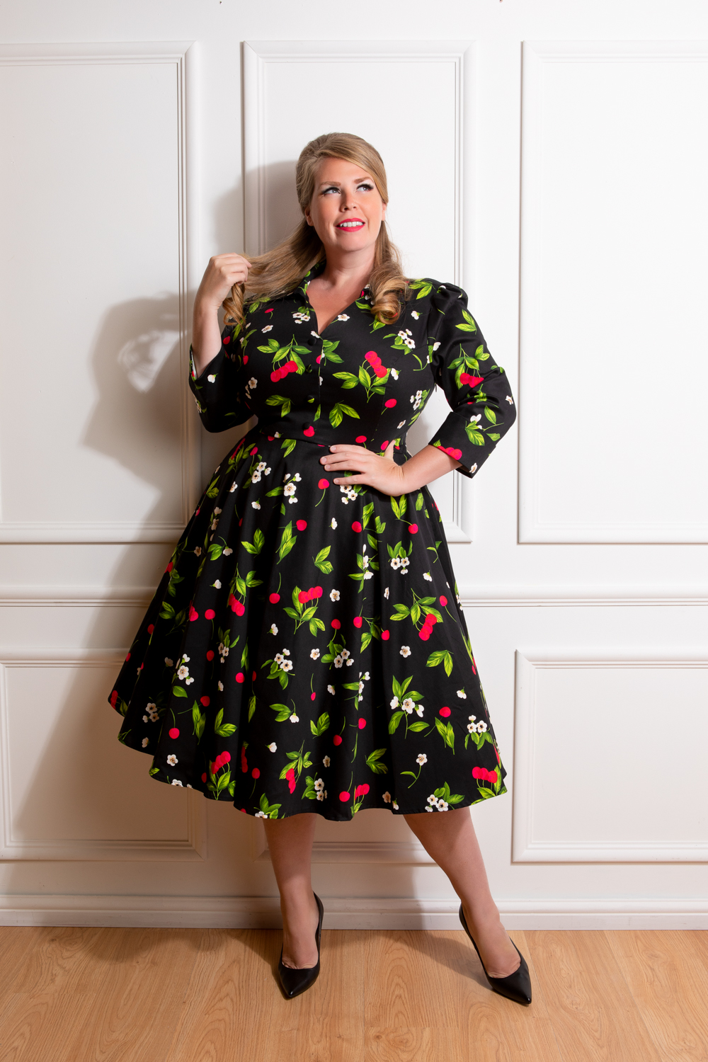 Natasha Cherry Swing Dress in Plus in Black - Hearts & Roses London