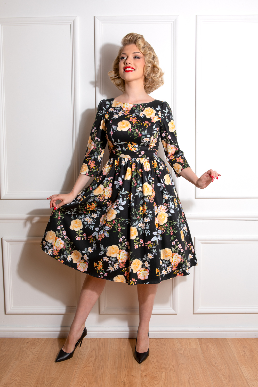 black dress with yellow roses Eloise Black floral embroidery maxi dress XL / Black main image 1