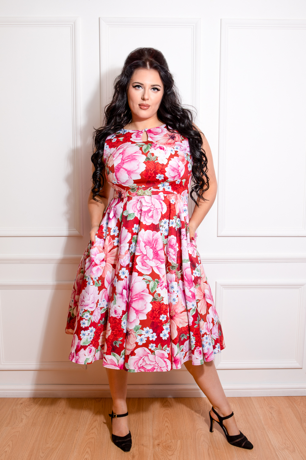 Charlie Floral Swing Dress in Plus Size in Red - Hearts u0026 Roses London