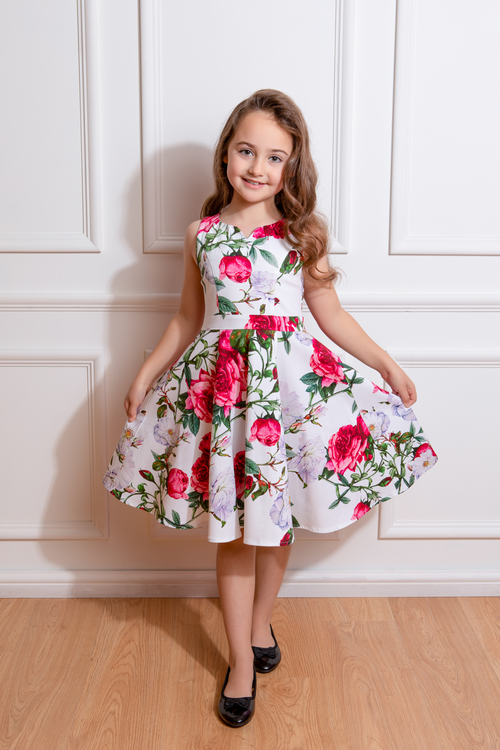 Debbie Floral Swing Dress in Kids in white - Hearts & Roses London