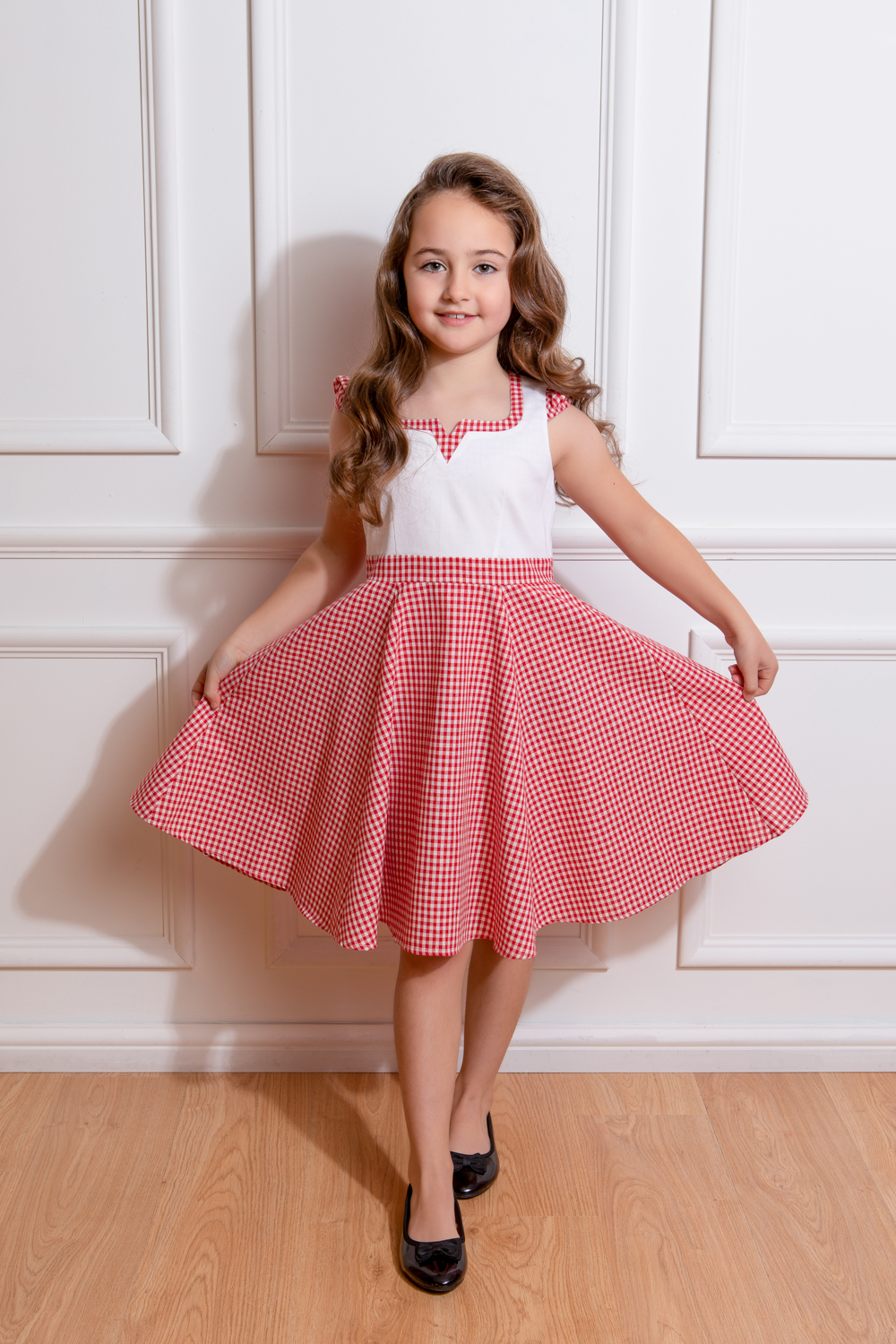open lace back dress Hourglass swing dress in white with red polka dots from Pretty Dress Company