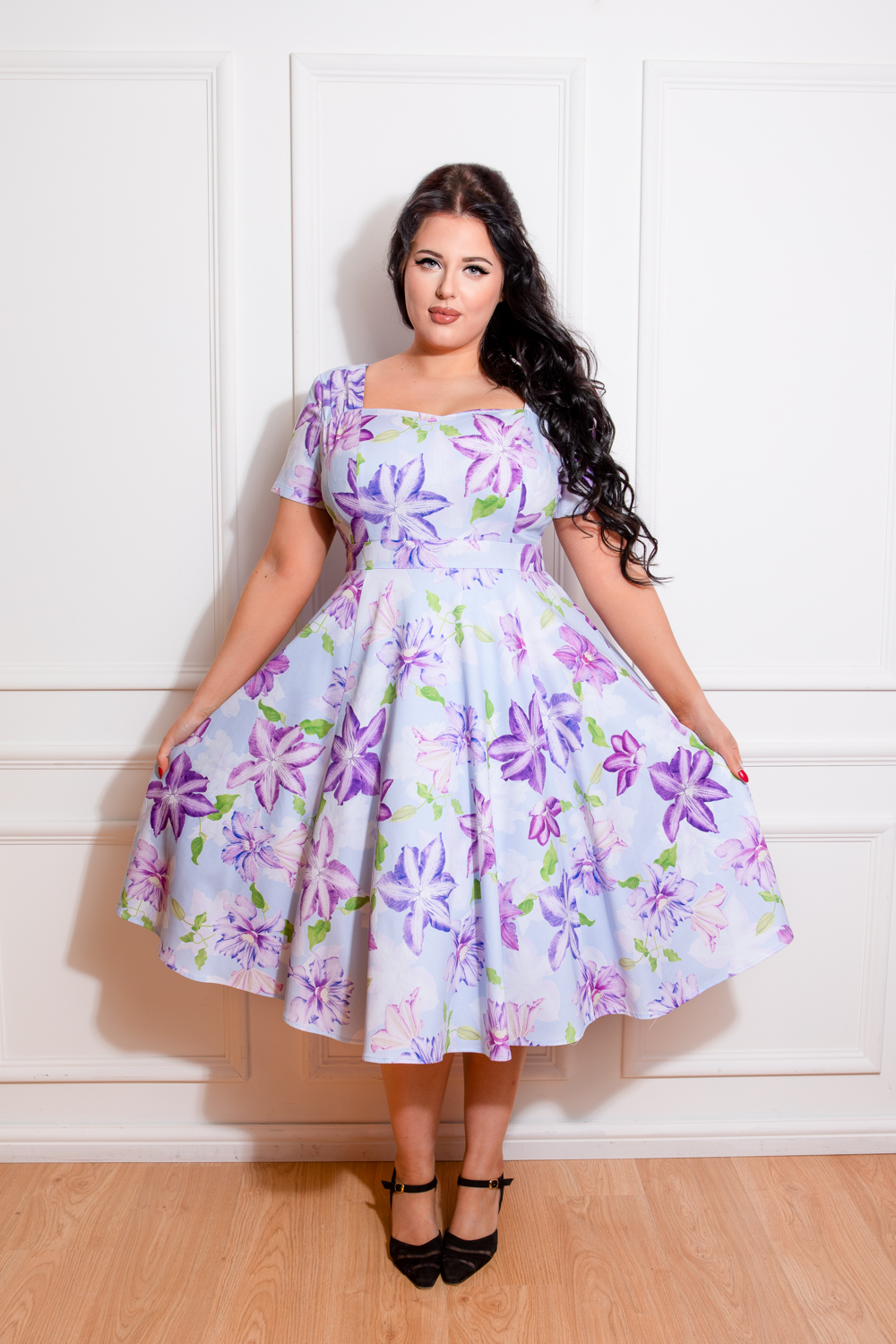 Erin Floral Swing Dress in Size in Blue - Hearts Roses London
