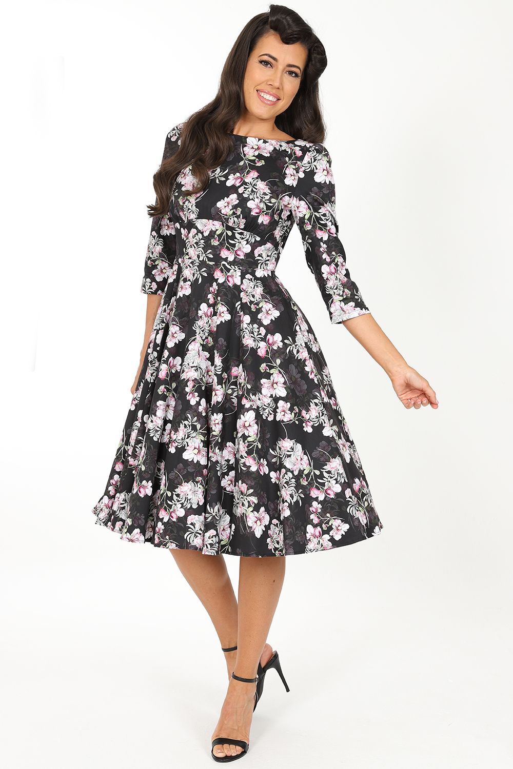 Kate Floral Swing Dress in Black/Pink - Hearts & Roses London