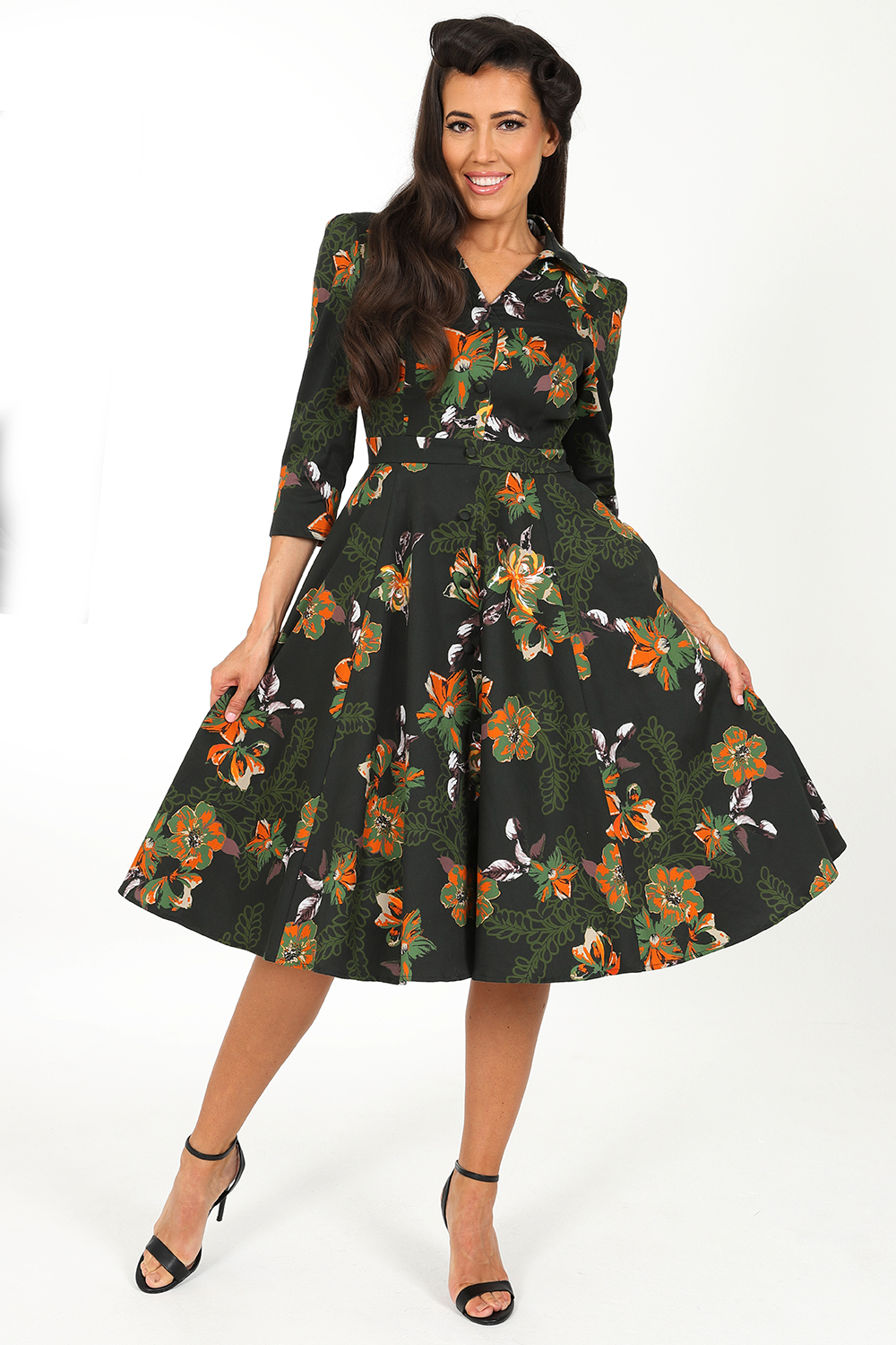 Thorny Rose Bloom 3/4 Sleeve Swing Dress