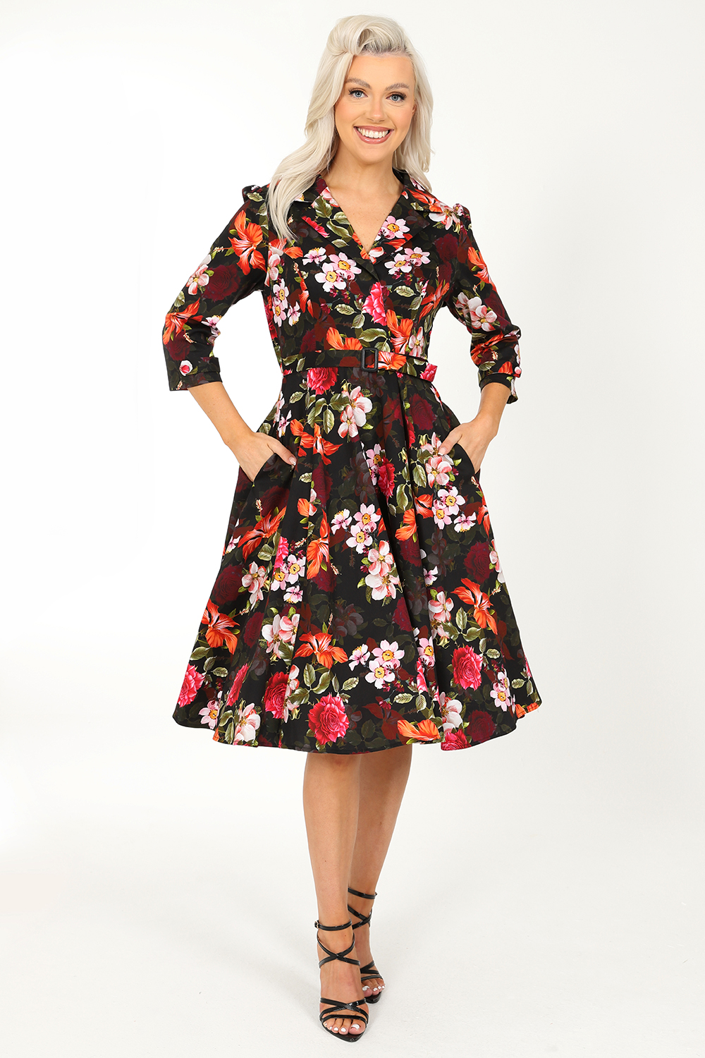 Black Floral Vintage 50s Prom Swing Flared Dress